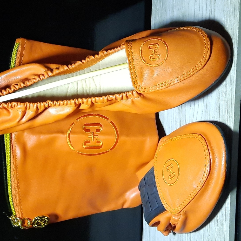 Coco + Carmen Orange Leather Foldable Flats with Matching Pouch
